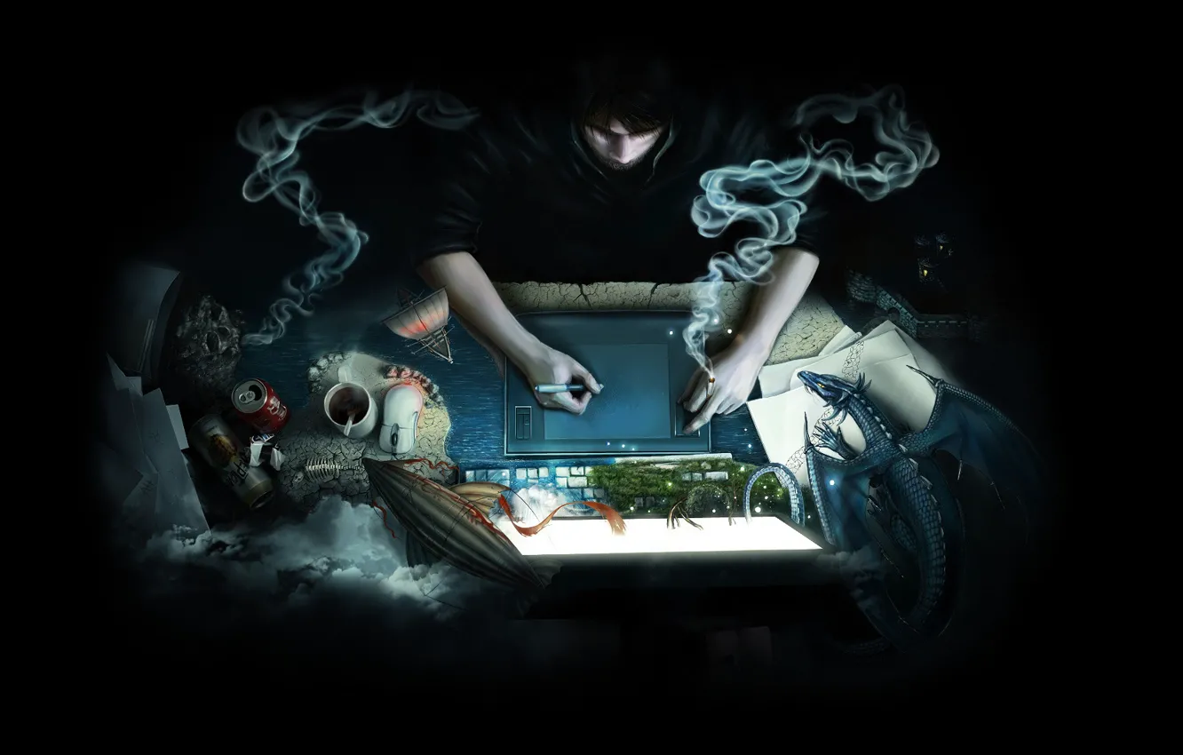 Photo wallpaper computer, leaves, paper, fantasy, dragon, smoke, coffee, beer