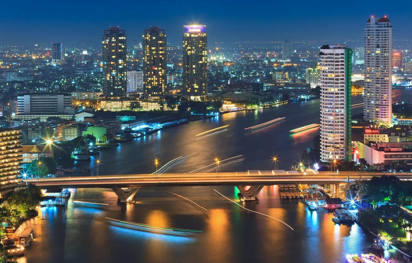 Photo wallpaper lights, Thailand, river, night, skyscrapers, Bangkok