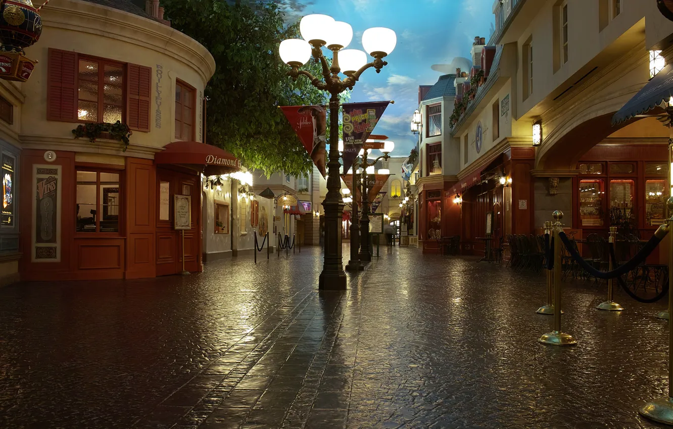 Photo wallpaper street, lights, cafe, bridge