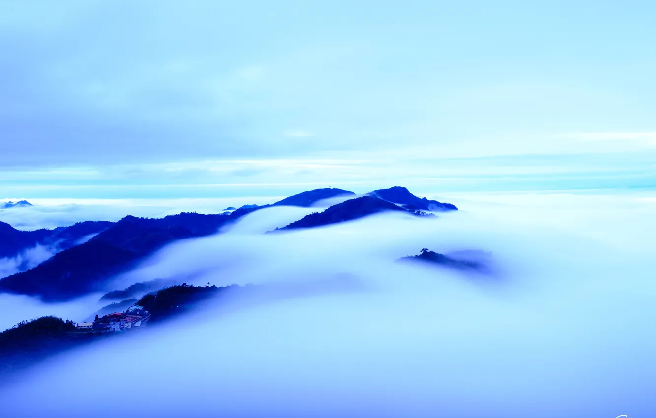 Photo wallpaper clouds, hills, tops, view, height, home