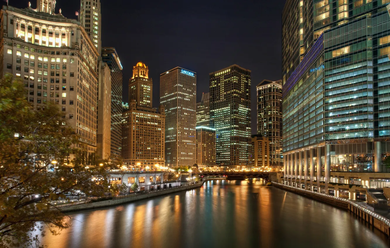 Photo wallpaper night, the city, lights, reflection, river, skyscrapers, Chicago, Illinois