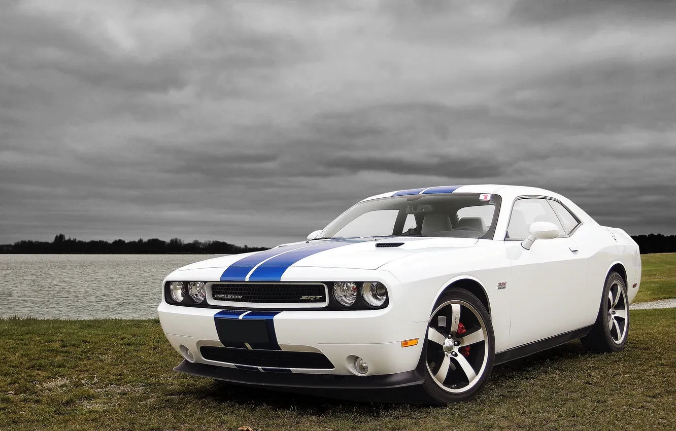 Photo wallpaper white, the sky, clouds, Dodge, Challenger, white, Dodge, sky