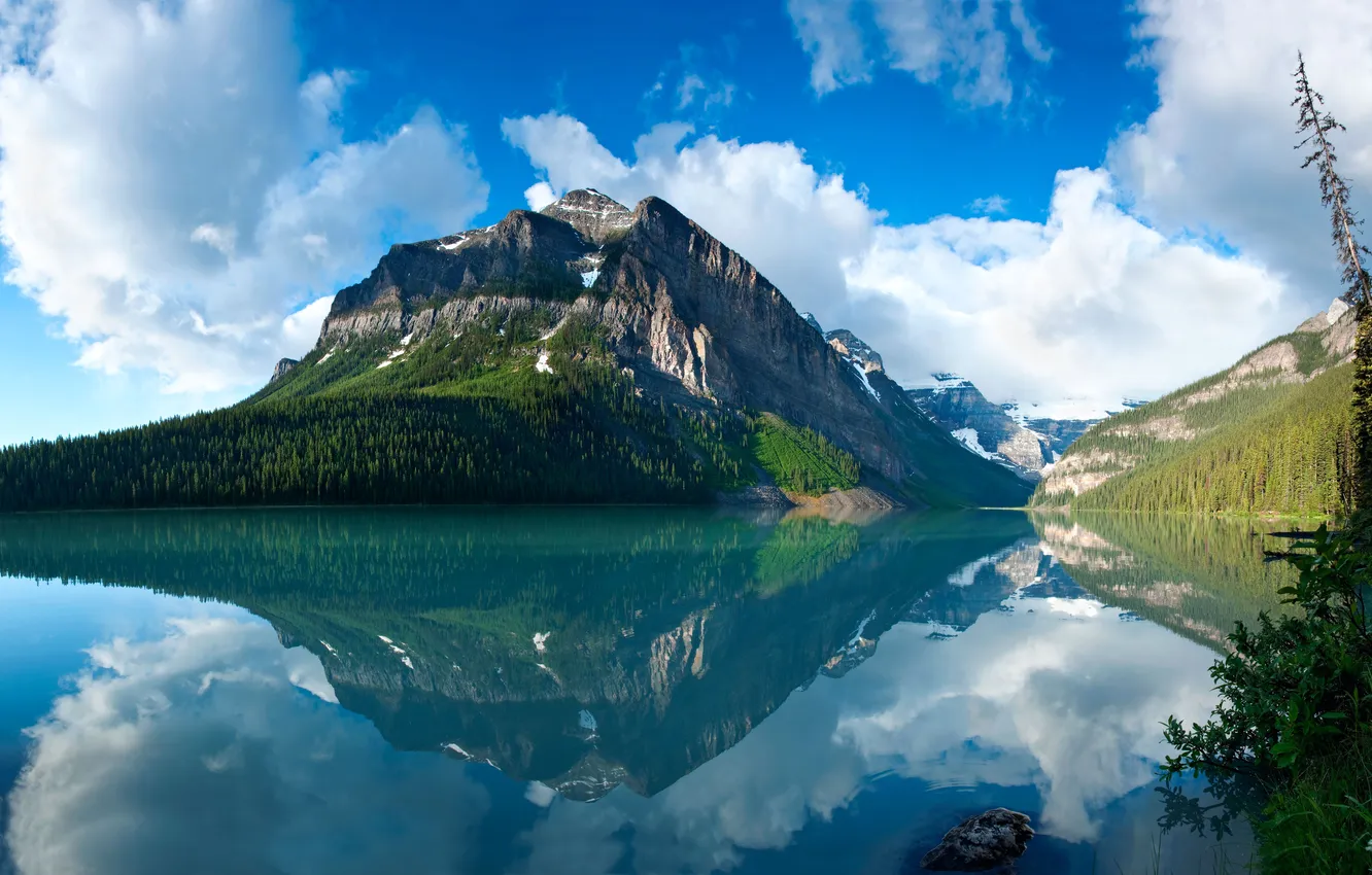 Photo wallpaper the sky, clouds, landscape, mountains, blue, lake, reflection, wood