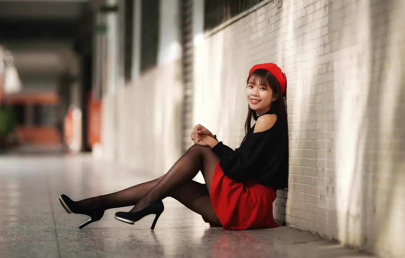Photo wallpaper girl, skirt, blouse, legs, Asian, cutie, takes, bokeh