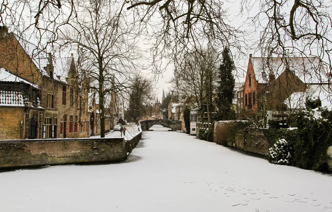 Photo wallpaper Frozen, river, winter, Belgium, Brugge