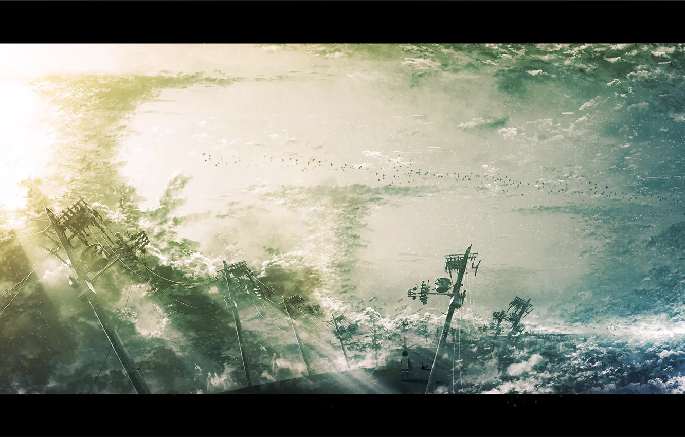 Photo wallpaper cat, girl, street, power lines, flooded