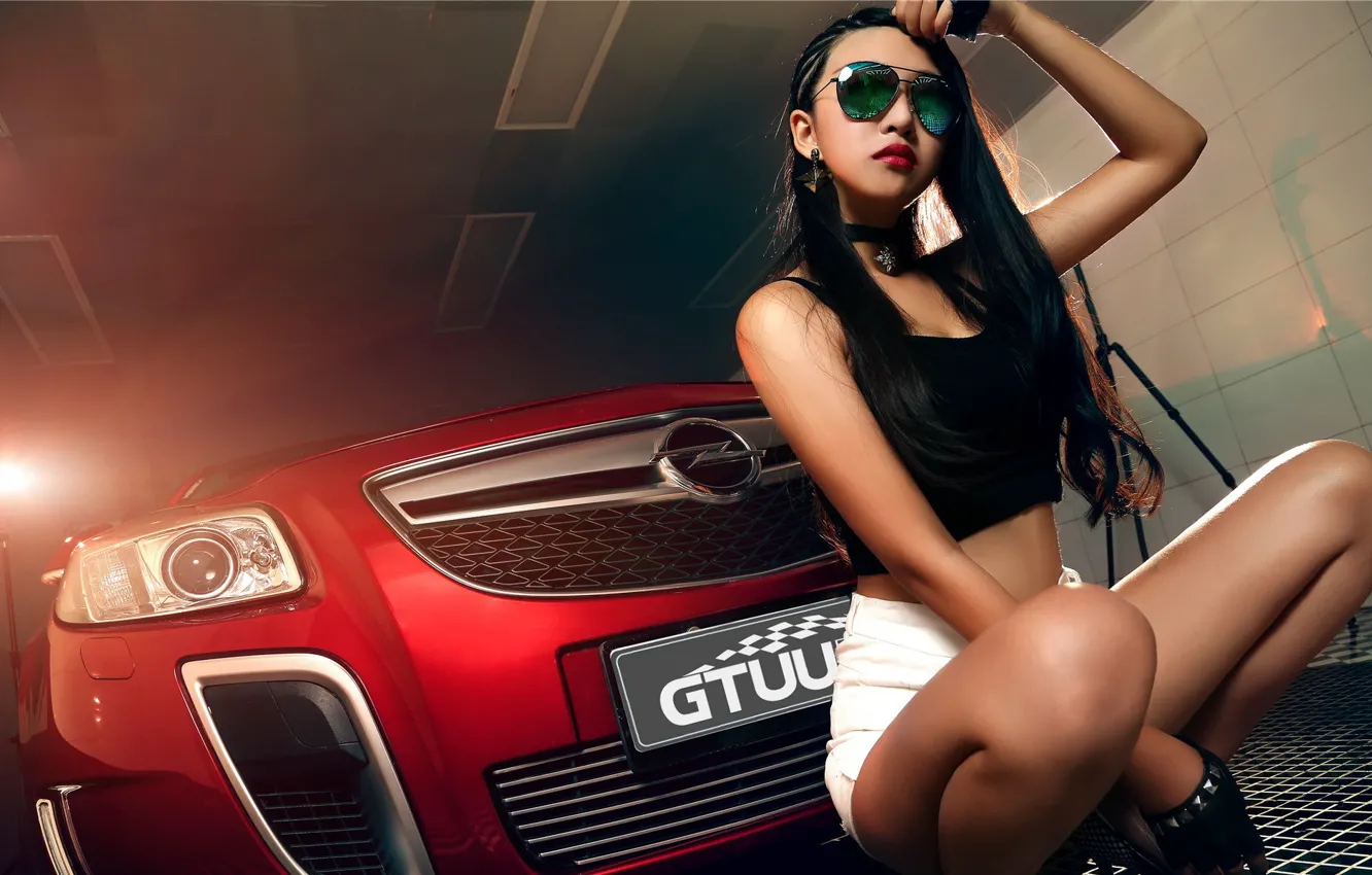 Photo wallpaper look, girl, glasses, Opel, Asian, beautiful girl, red car, sitting on the machine