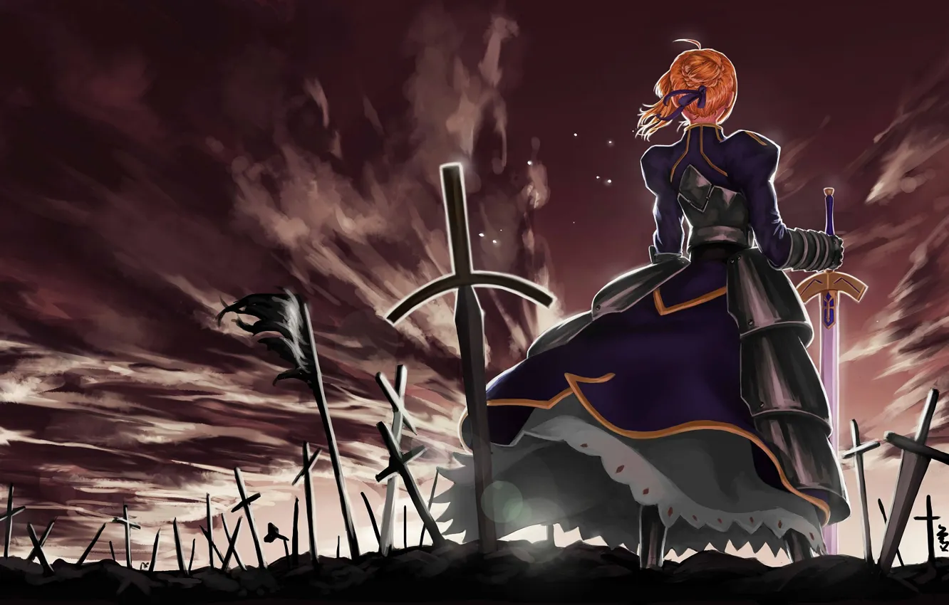 Photo wallpaper girl, sunset, back, sword, Excalibur, the saber, Artoria Pendragon, Fate stay night