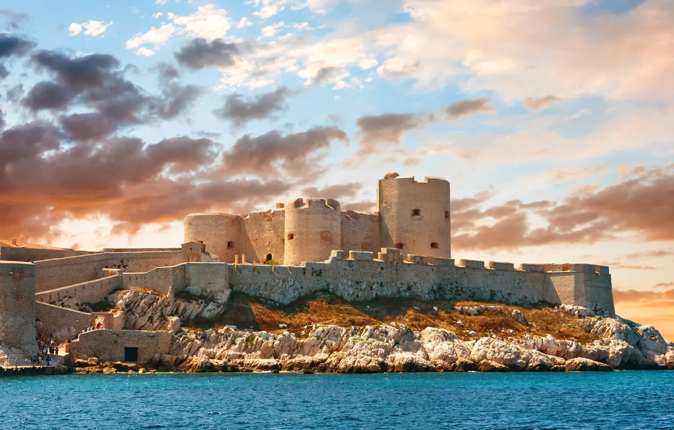 Photo wallpaper sea, the sky, clouds, stones, castle, wall, France, tower