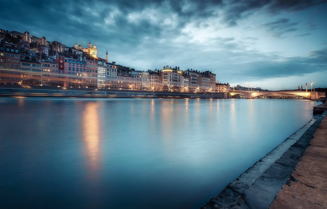 Photo wallpaper lights, river, France, the evening, Lyon