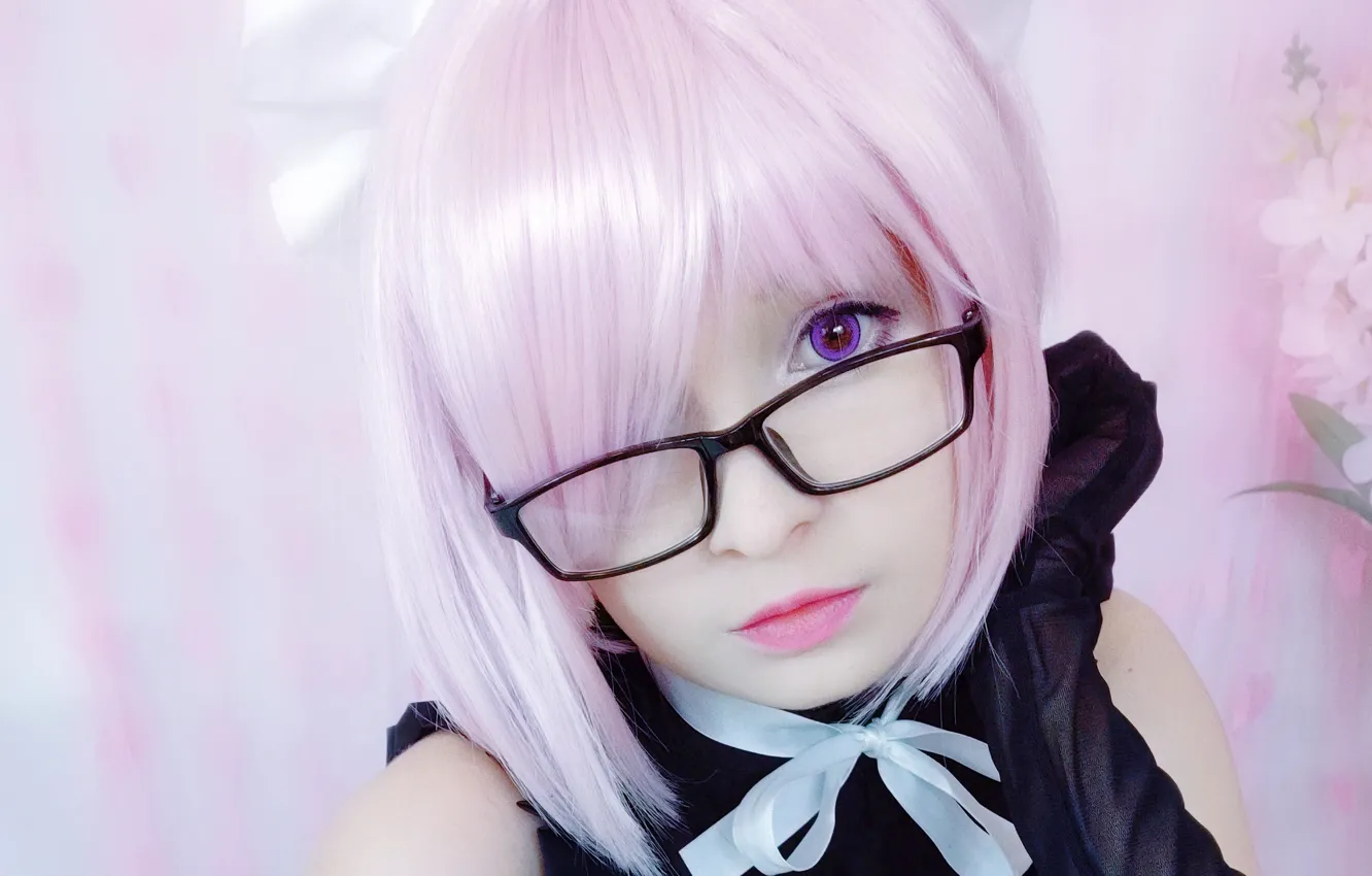 Photo wallpaper girl, pink hair, long hair, beautiful, purple eyes, model, pretty, face