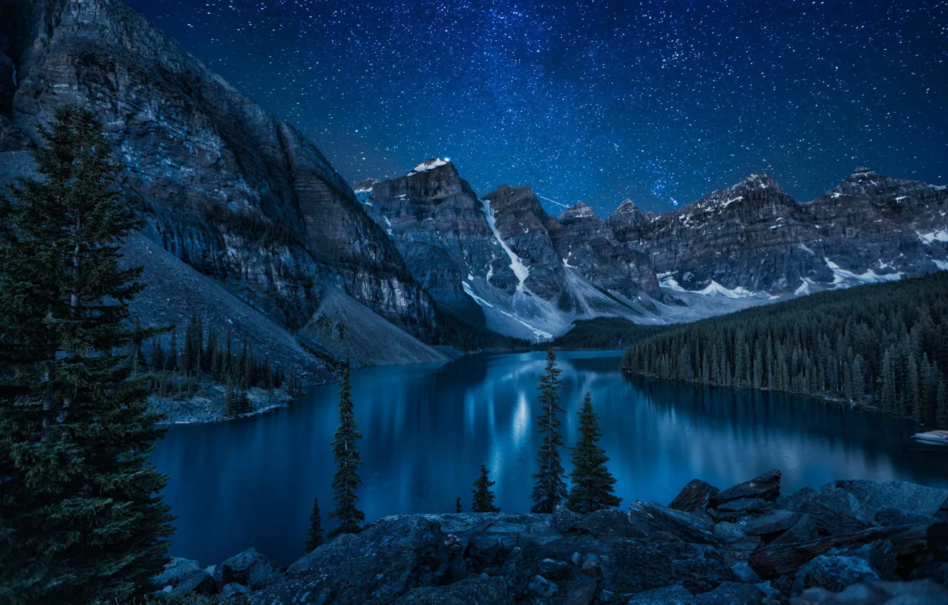 Photo wallpaper forest, mountains, night, nature, lake, river
