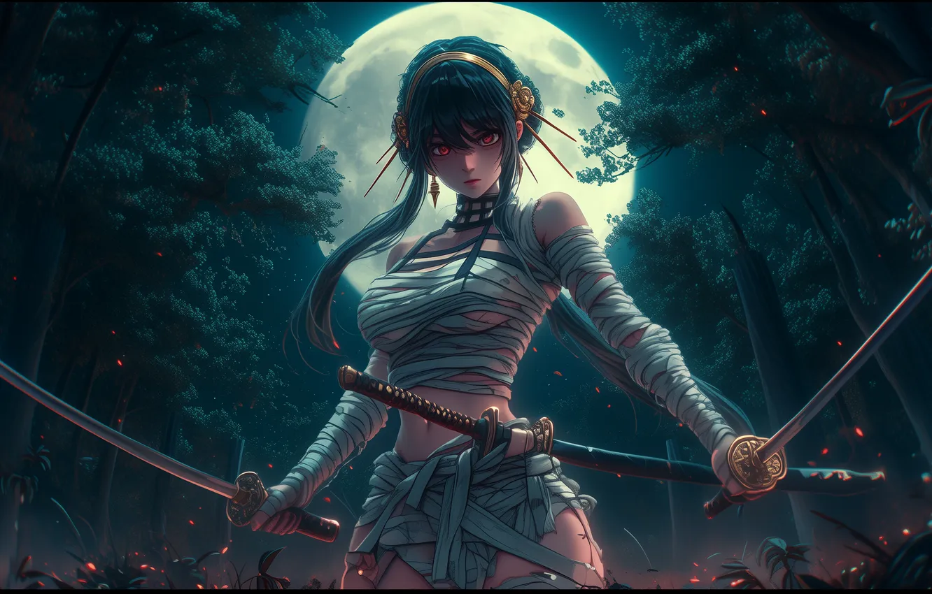 Photo wallpaper forest, night, the moon, katana, anime, samurai, bandages, spy x family