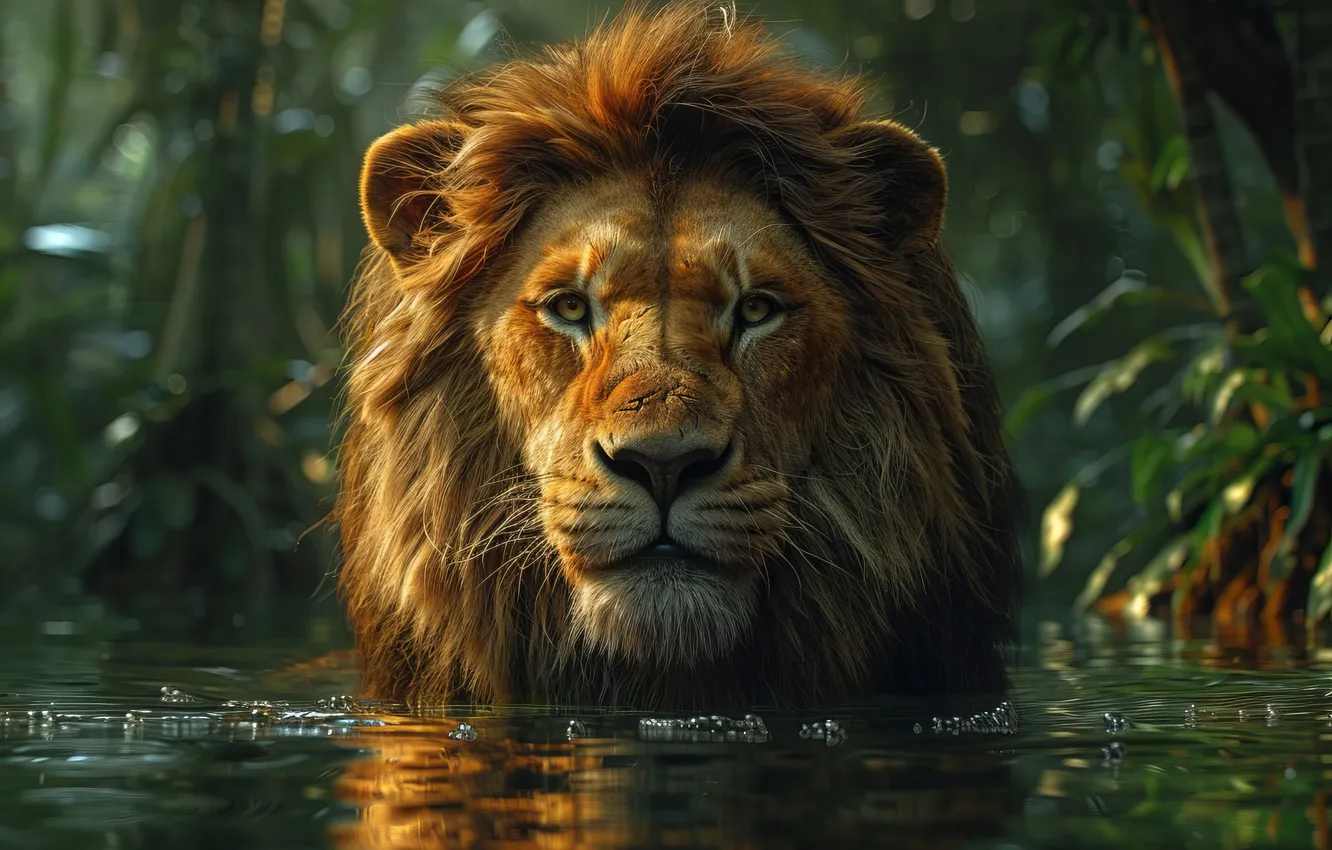 Photo wallpaper look, face, predator, Leo, river, big cat, digital art, AI art