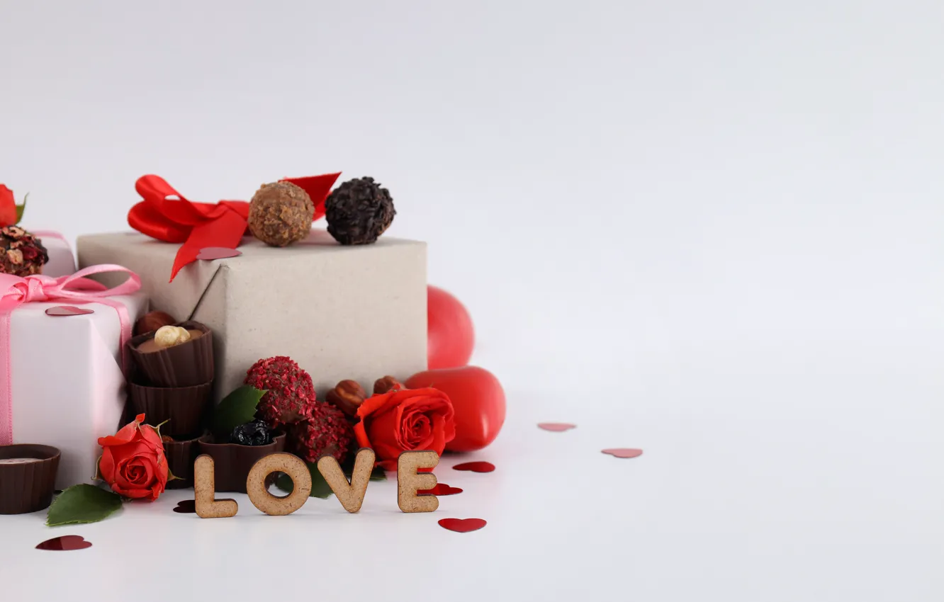 Photo wallpaper love, romance, heart, chocolate, gifts, hearts, red, love