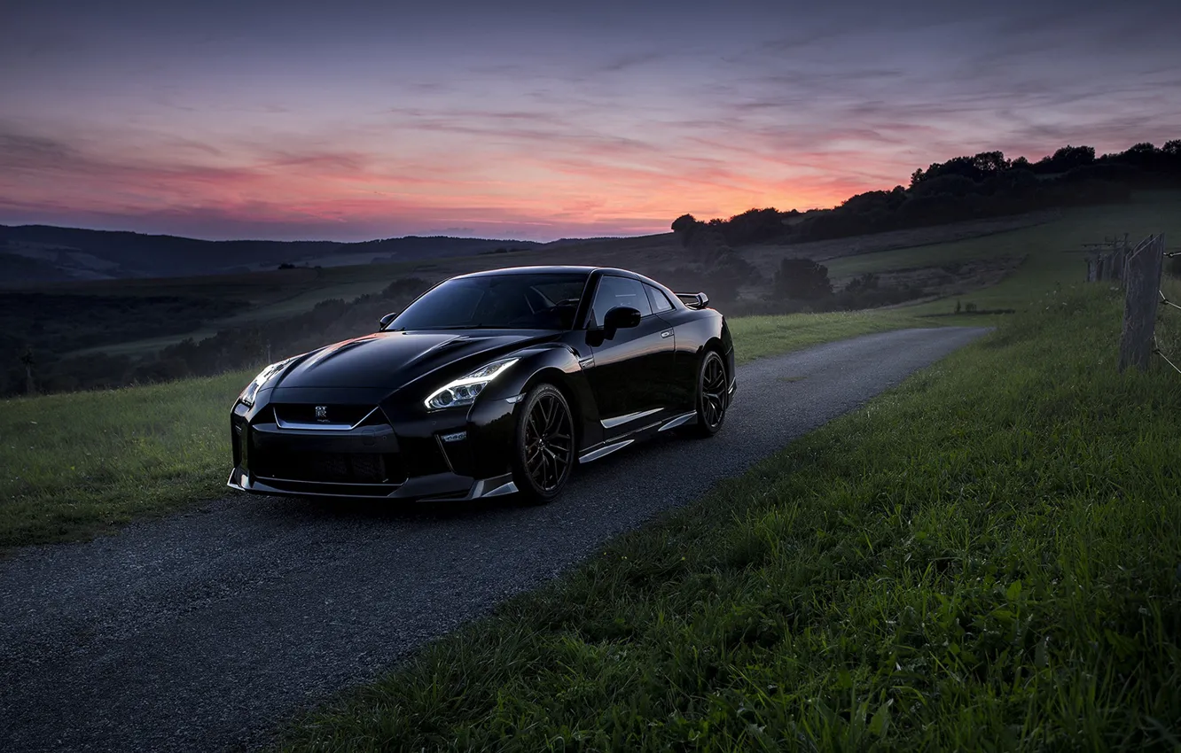 Photo wallpaper road, field, auto, the evening, Nissan, GT-R