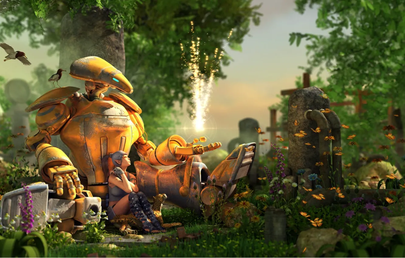 Photo wallpaper girl, trees, flowers, bird, butterfly, robot, pipe, Put a little magic in your