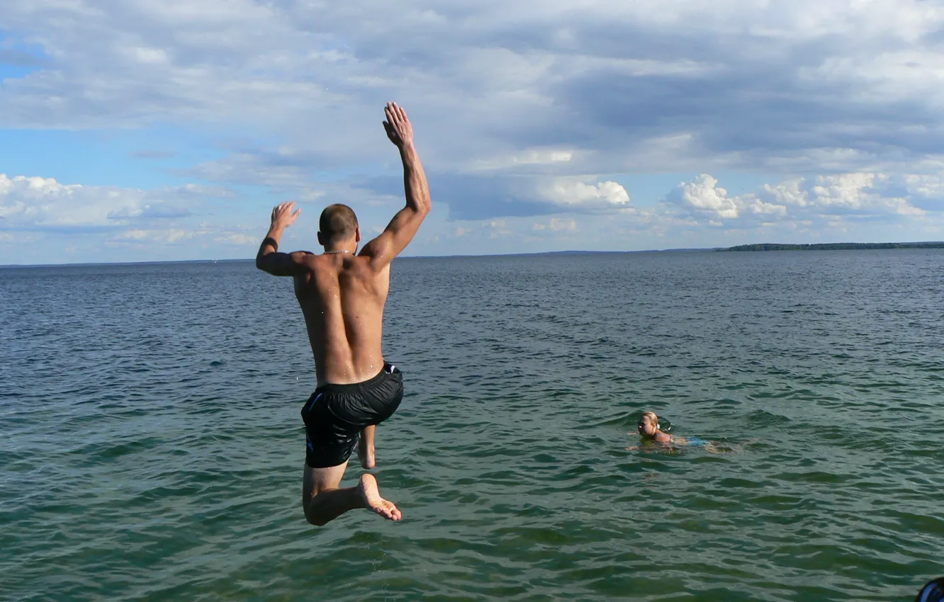 Photo wallpaper joy, lake, jump, guy, muscle, youth, Belarus, my photo