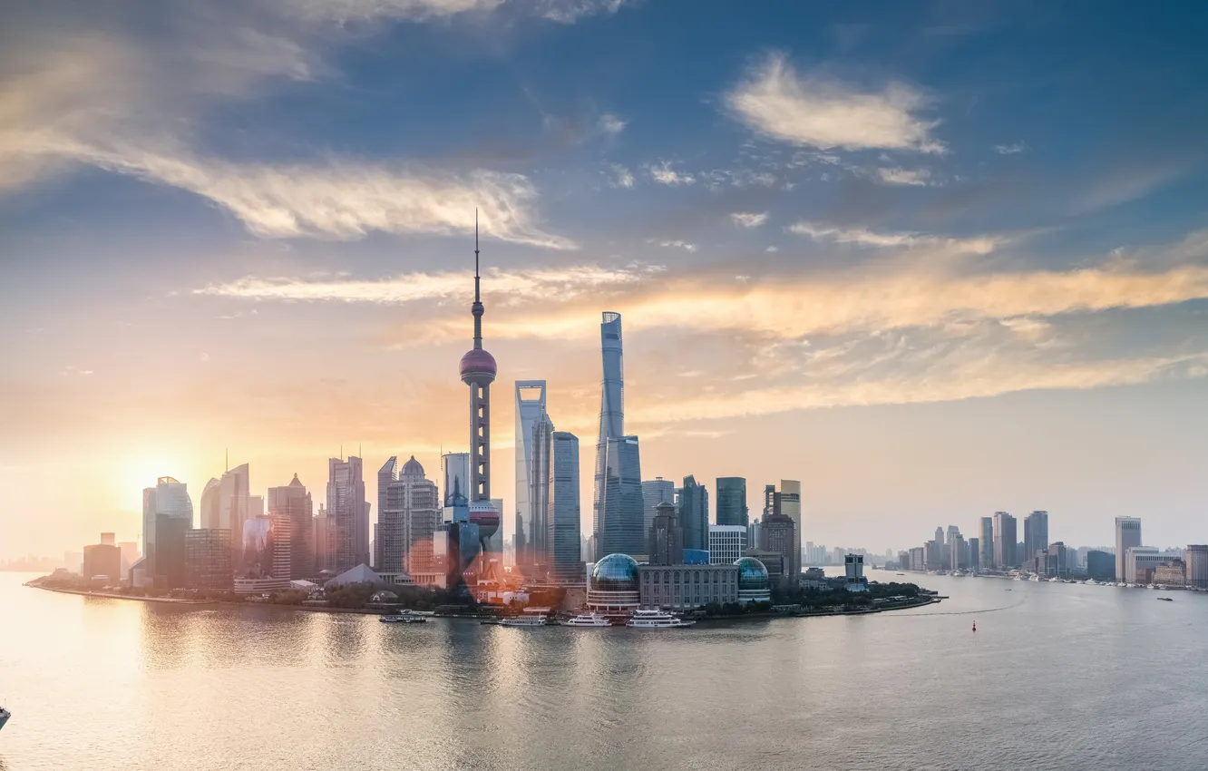 Photo wallpaper Shanghai, tower, skyline, sky, view, skyscraper, sunrise, urban