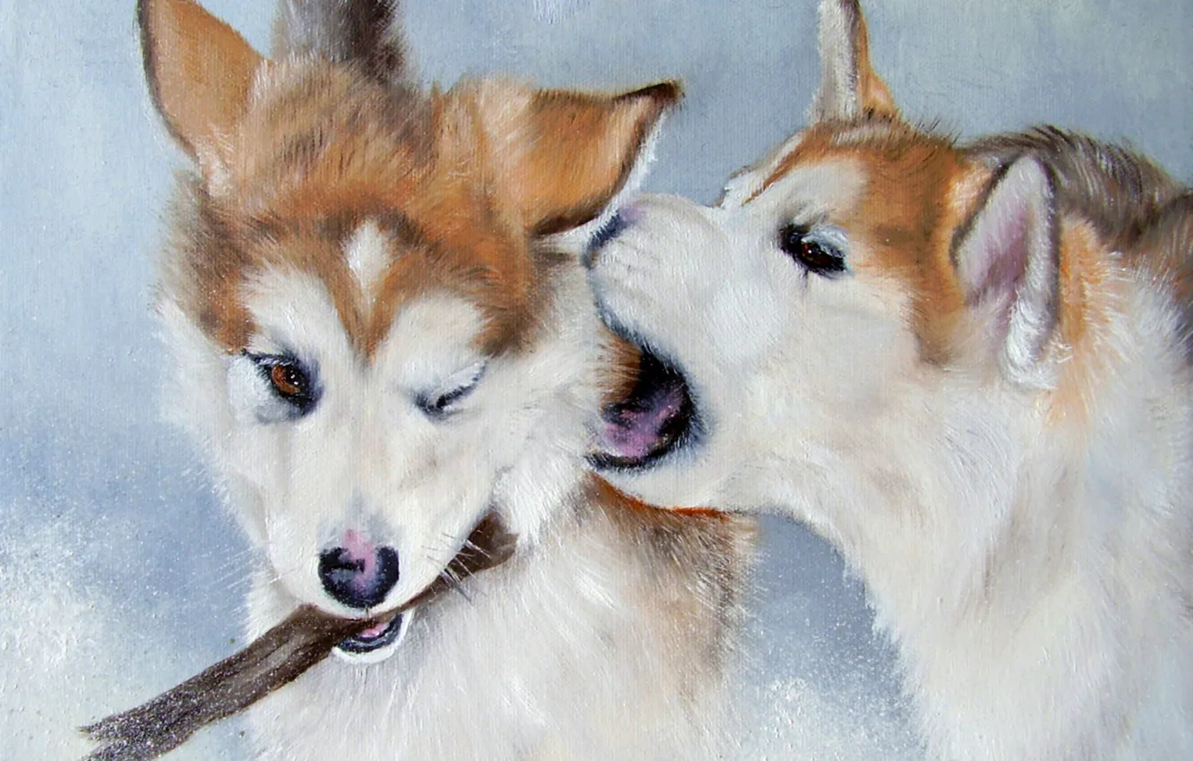 Photo wallpaper look, pose, oil, portrait, dog, pair, painting, face