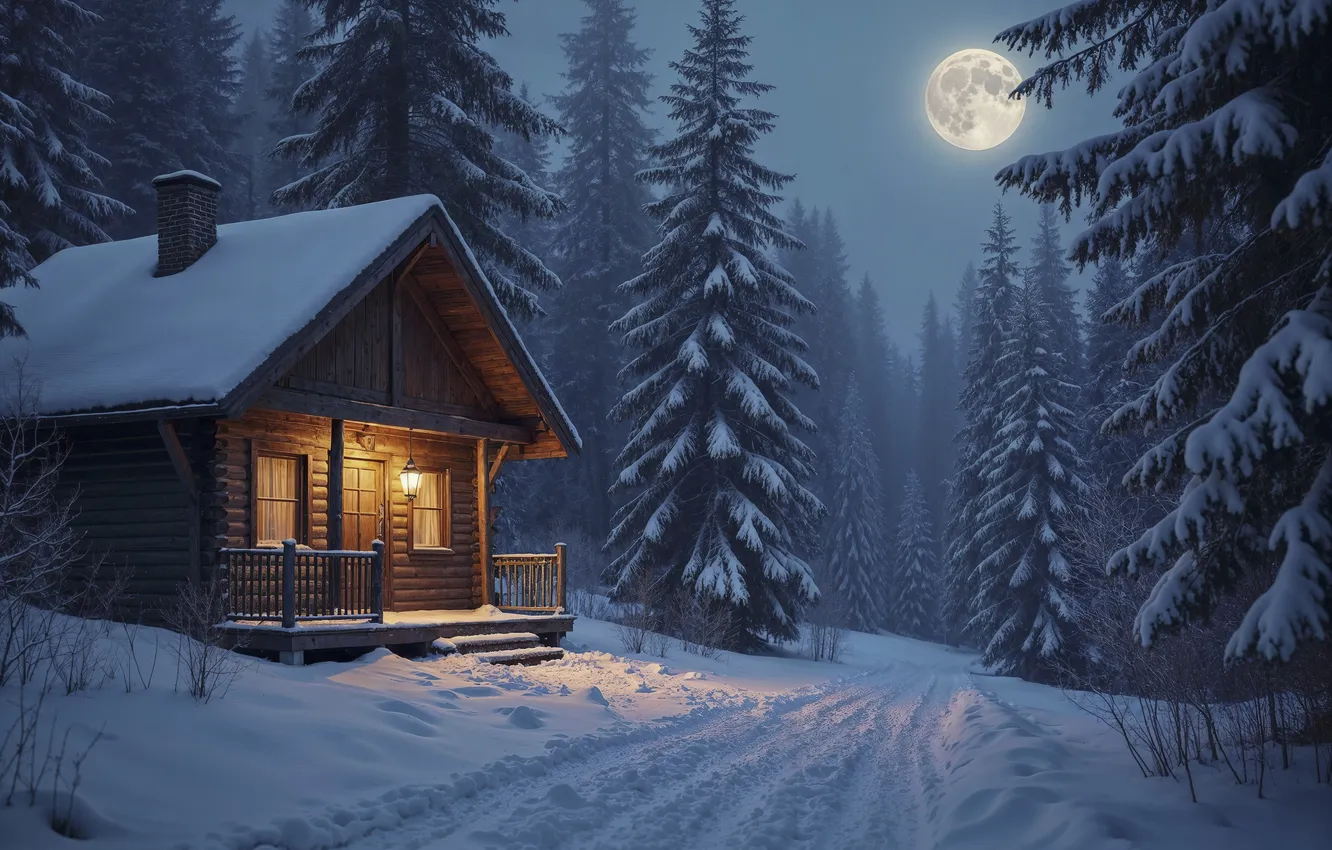 Photo wallpaper winter, forest, snow, mountains, night, the moon, tree, house