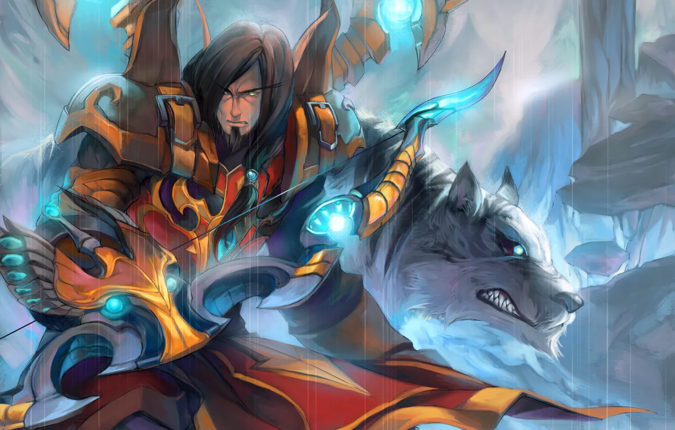 Photo wallpaper elf, wolf, bow, art, male, blood elf, hunter, Atharun