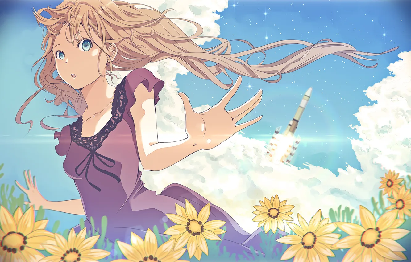 Photo wallpaper the sky, clouds, flowers, Girl