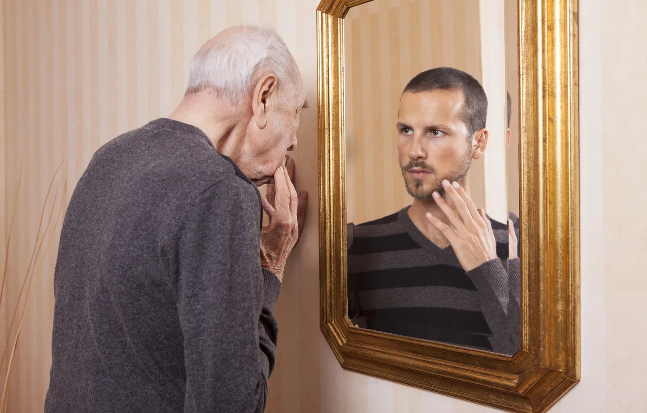 Photo wallpaper reflection, mirror, Old man, young man