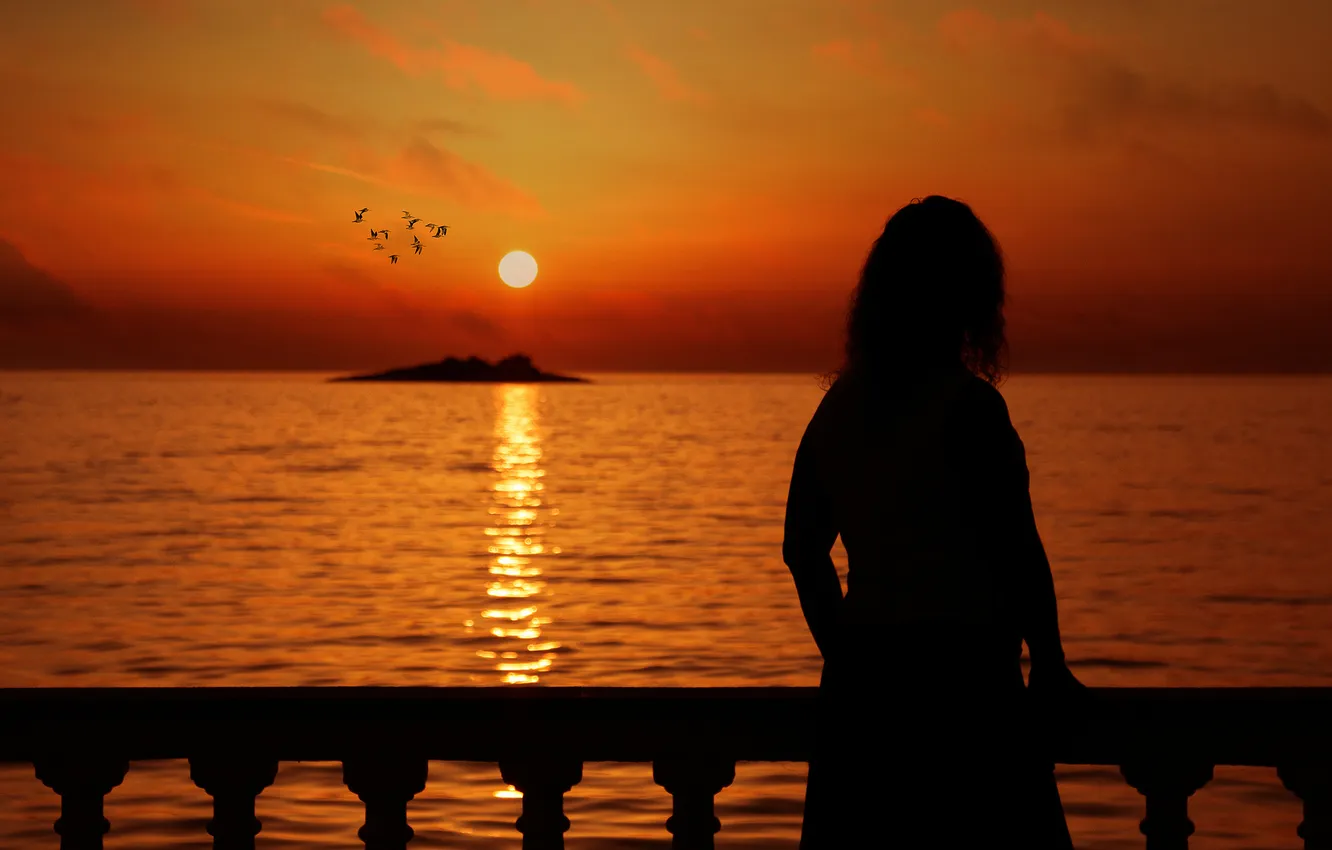 Photo wallpaper girl, landscape, sunset, silhouette, the sky. birds