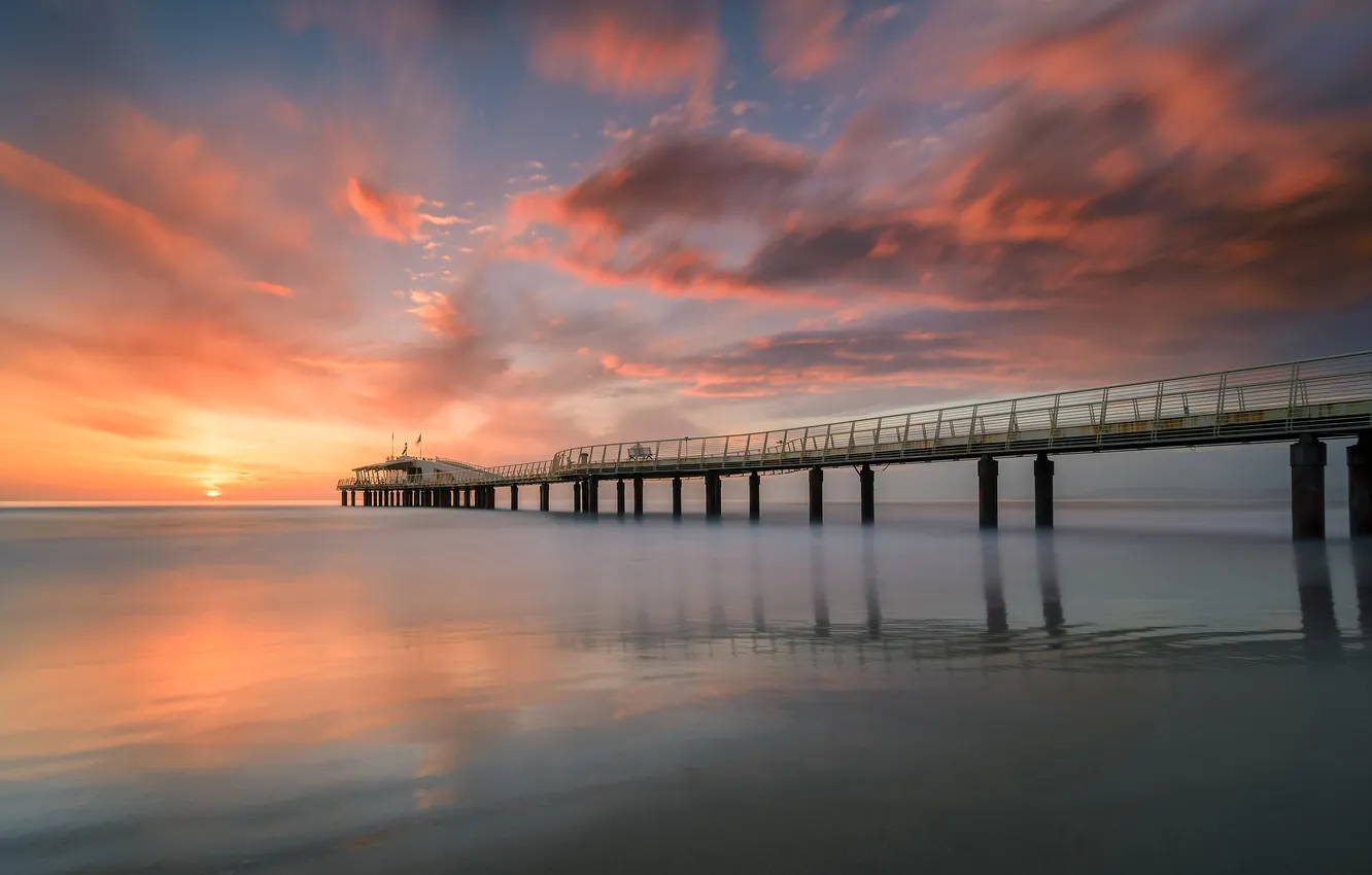 Photo wallpaper ocean, sunset, cloud, wave, pier