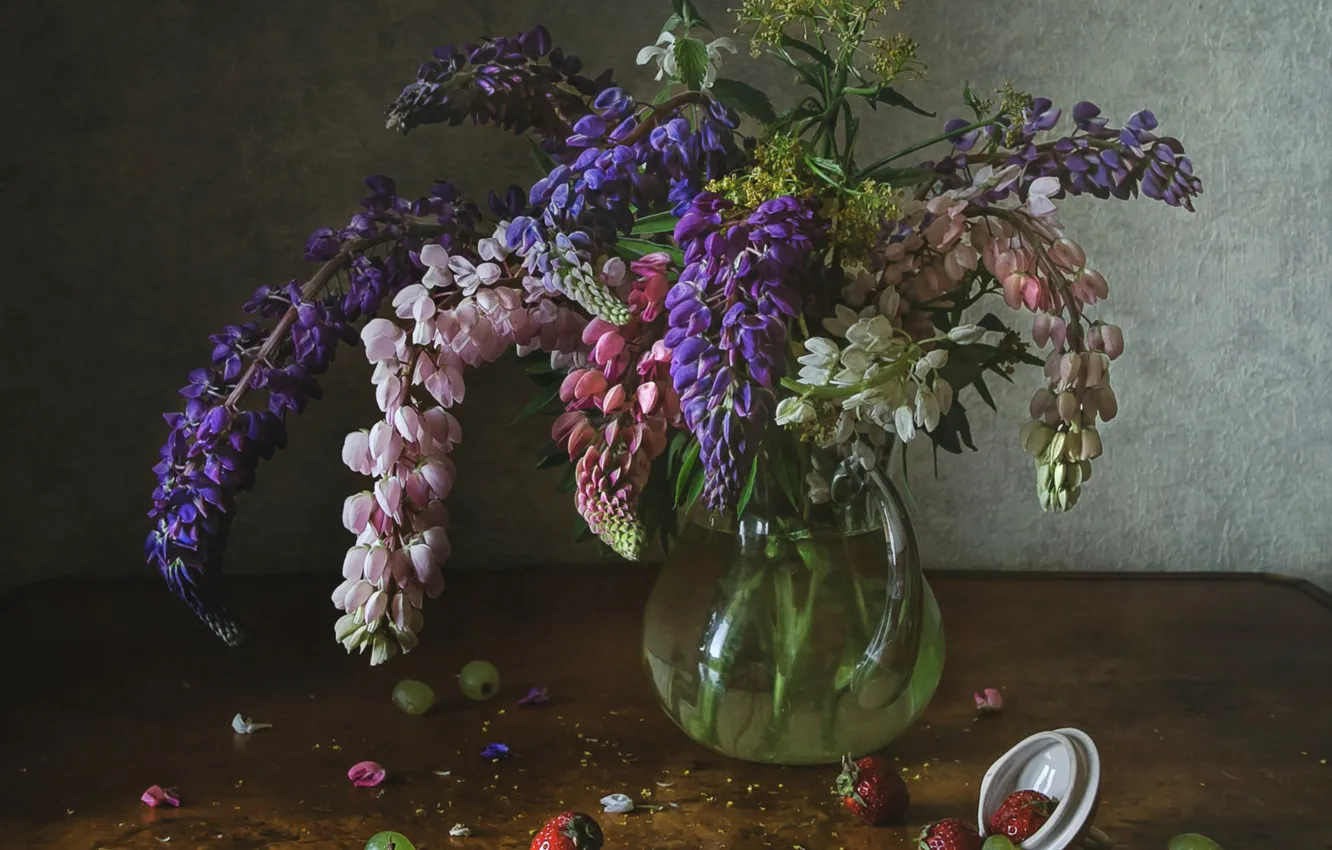 Photo wallpaper bouquet, strawberry, grapes, Lupin