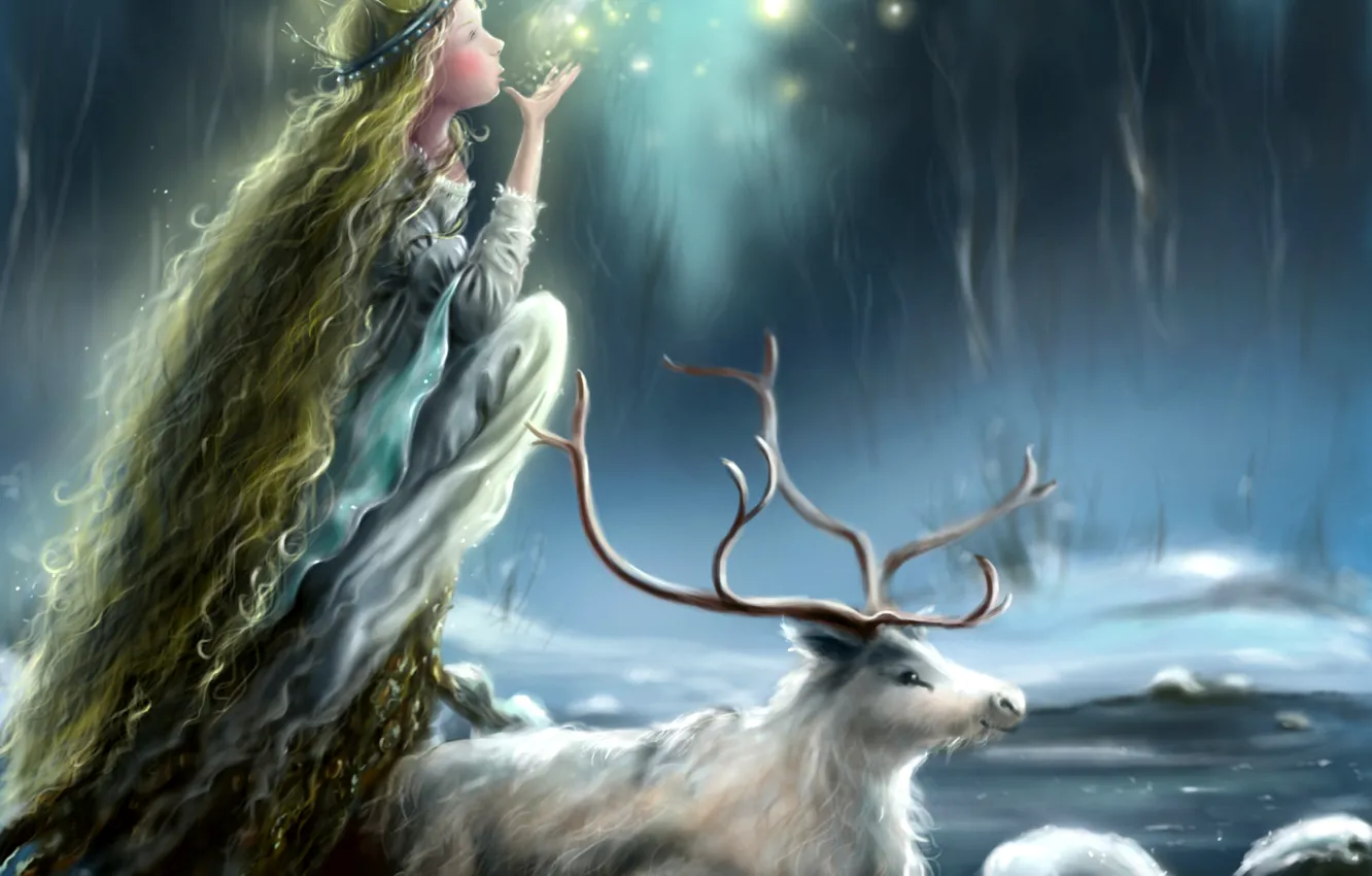 Photo wallpaper ice, winter, girl, snow, face, animal, deer, lights