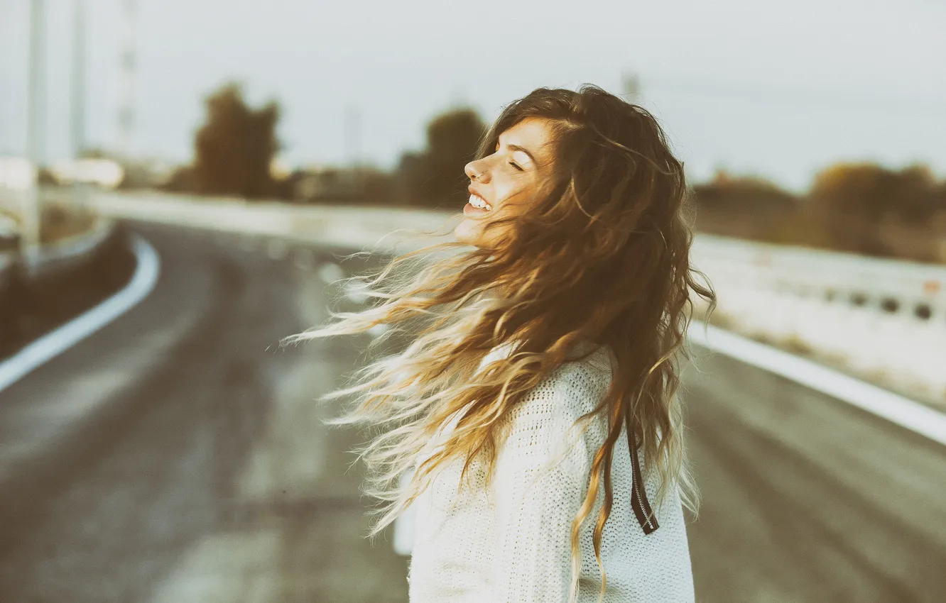 Photo wallpaper road, the sky, girl, pose, smile, mood, the wind, highway