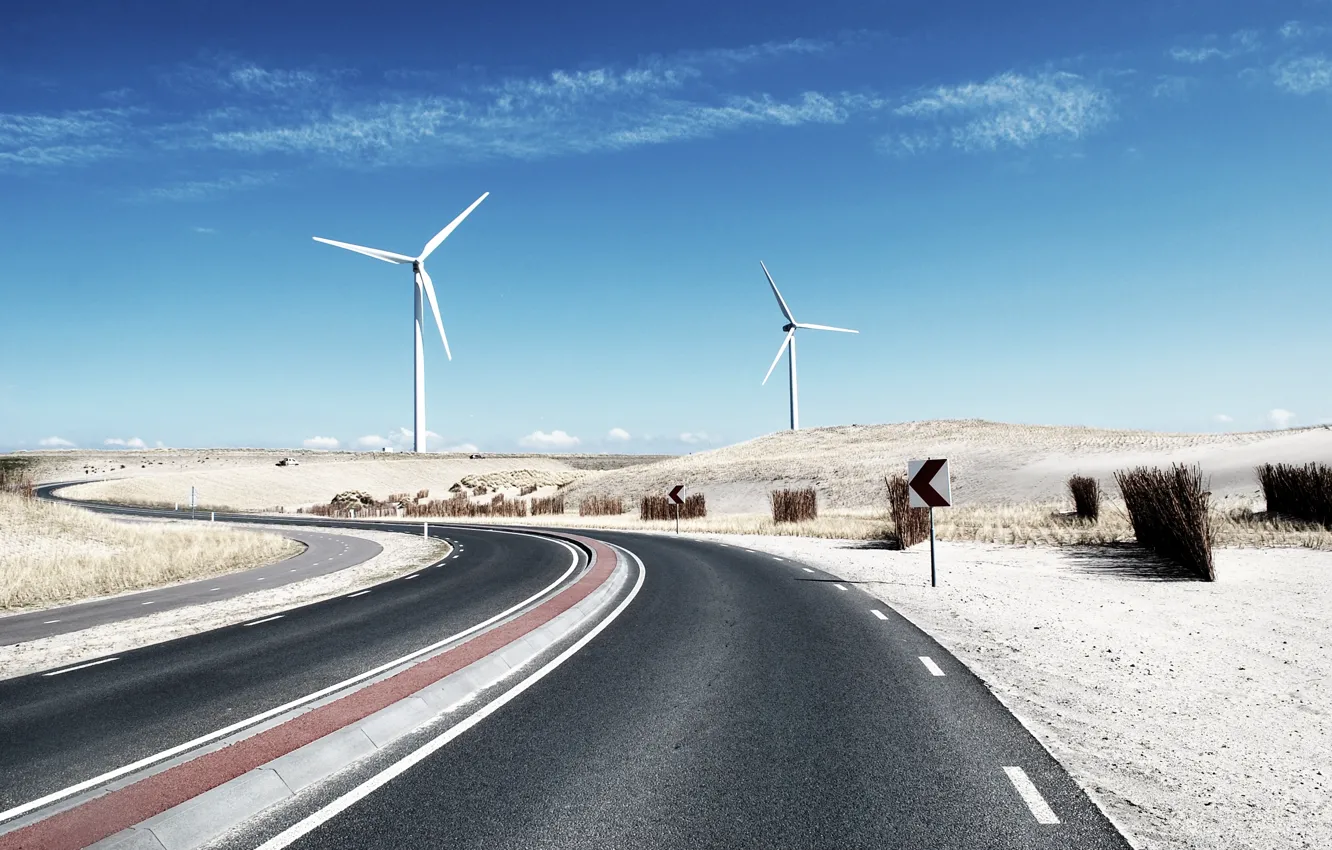 Photo wallpaper road, desert, track, highway, mill, windmills, blades