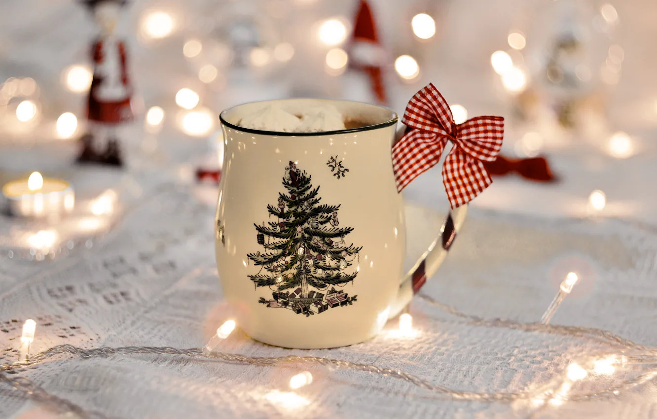 Photo wallpaper new year, food, mug, garland, bokeh