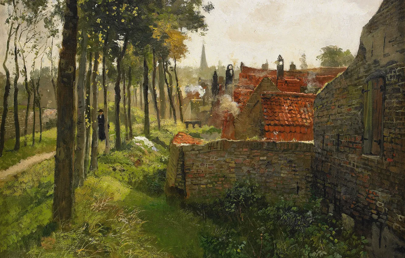 Photo wallpaper trees, home, brick, path, impressionism, Frits Thaulov, Northern European painting, The Parish Priest