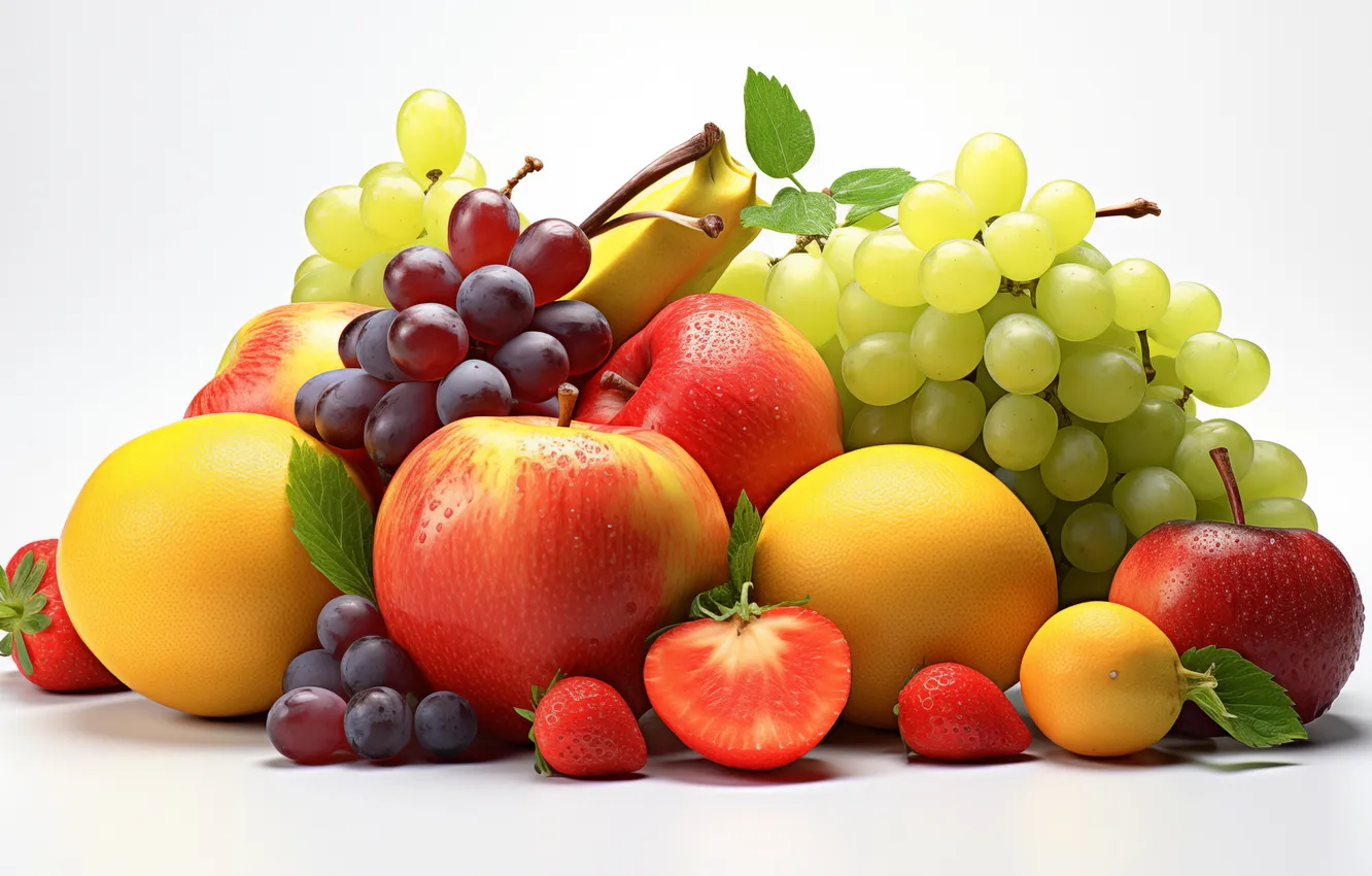Photo wallpaper apples, orange, strawberry, grapes, fruit, AI art
