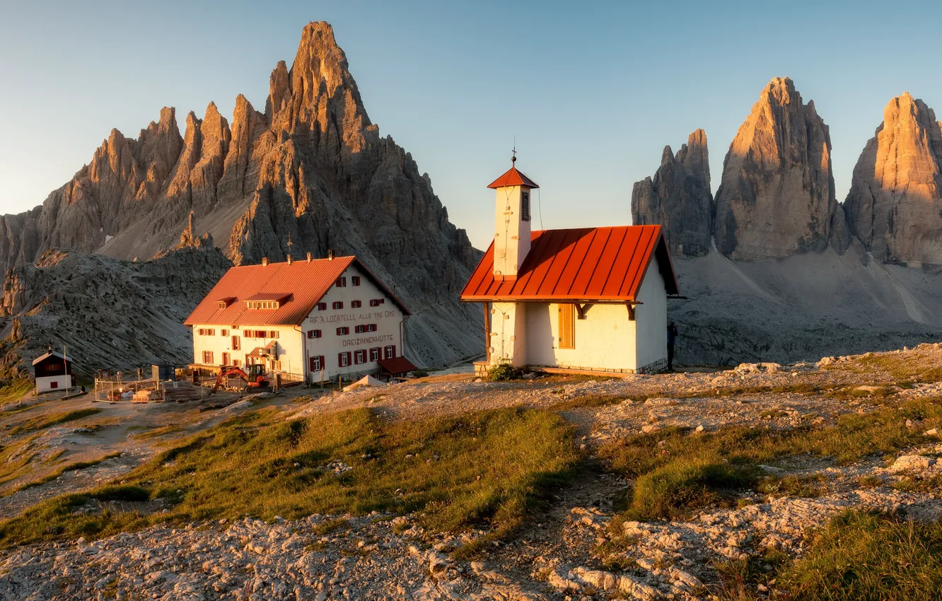 Photo wallpaper mountains, rocks, home, house, The Dolomites