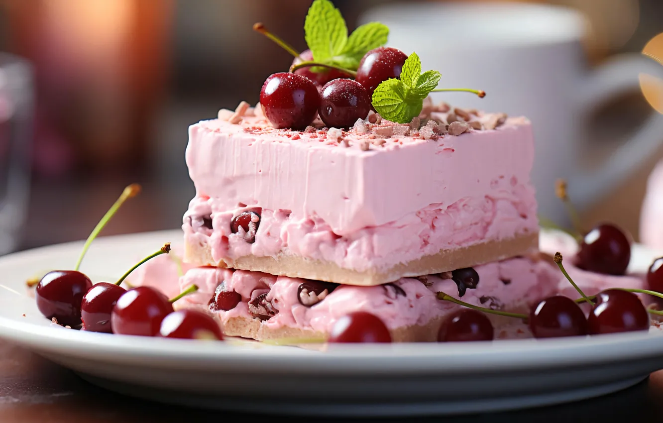 Photo wallpaper cherry, berries, cake, pink, cake, mint, cream, AI art