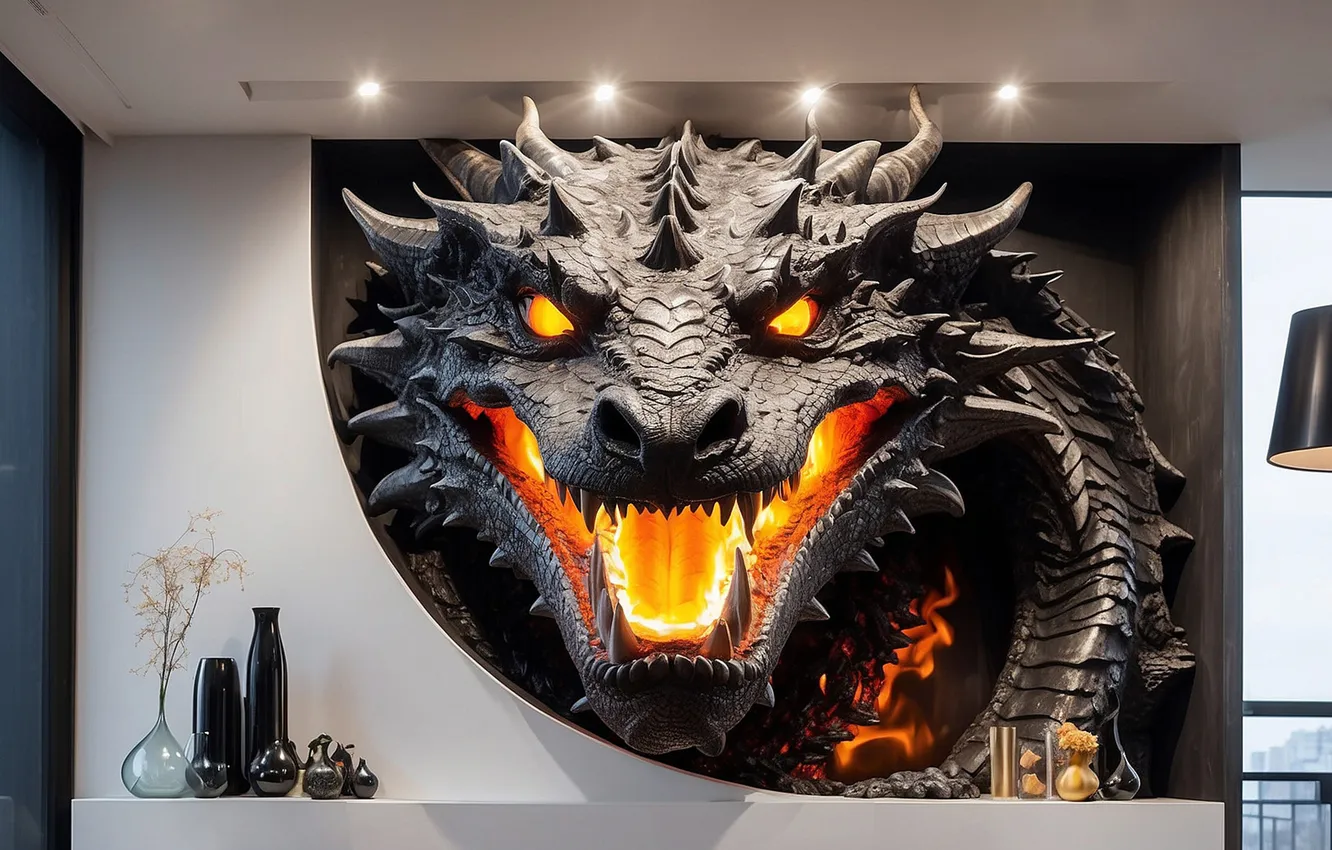Photo wallpaper wall, dragon, interior, vase