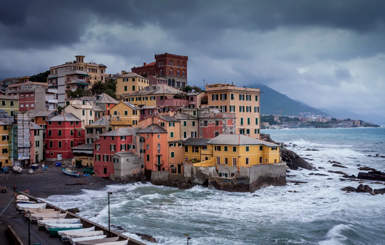 Photo wallpaper sea, mountains, clouds, storm, the city, home, boats, Italy