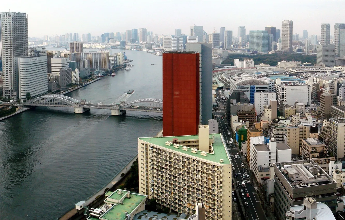 Photo wallpaper bridge, skyscrapers, Japan, Tokyo, Japan, the Sumida river, Kachidoki-Bashi