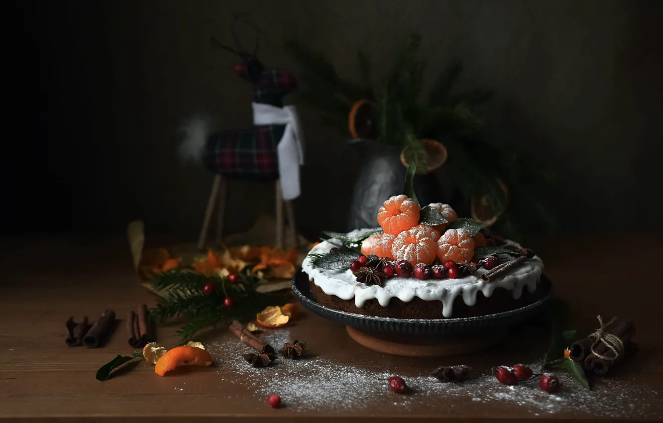 Photo wallpaper branches, berries, the dark background, table, toy, Board, new year, bouquet
