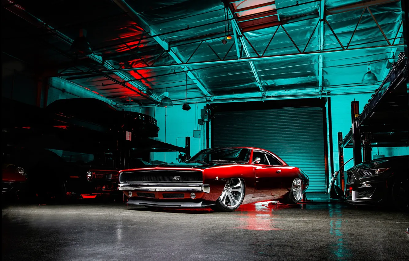 Photo wallpaper Muscle, Dodge, Red, Charger, RTR, Custom, Garage, Modified