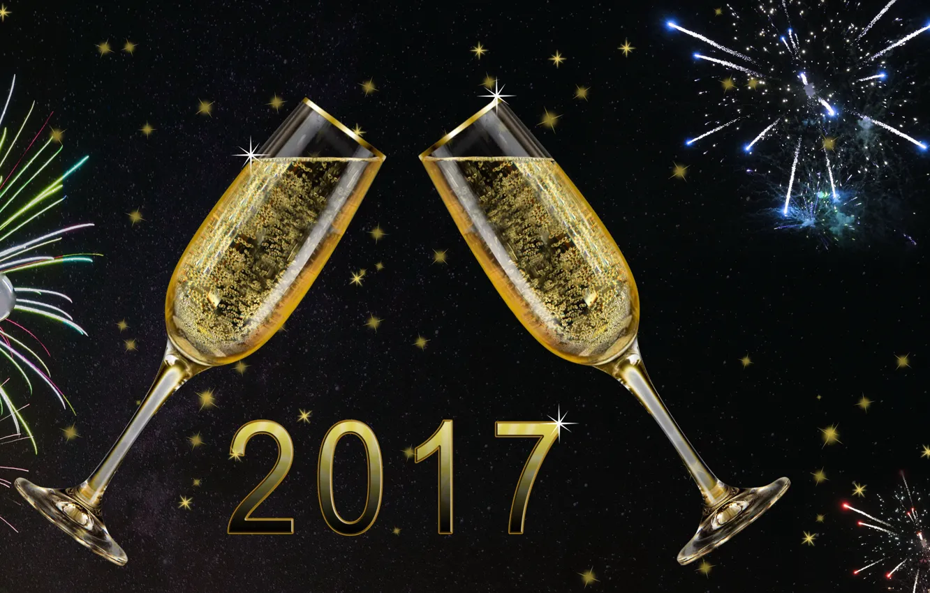 Photo wallpaper New Year, glasses, new year, happy, fireworks, champagne, 2017