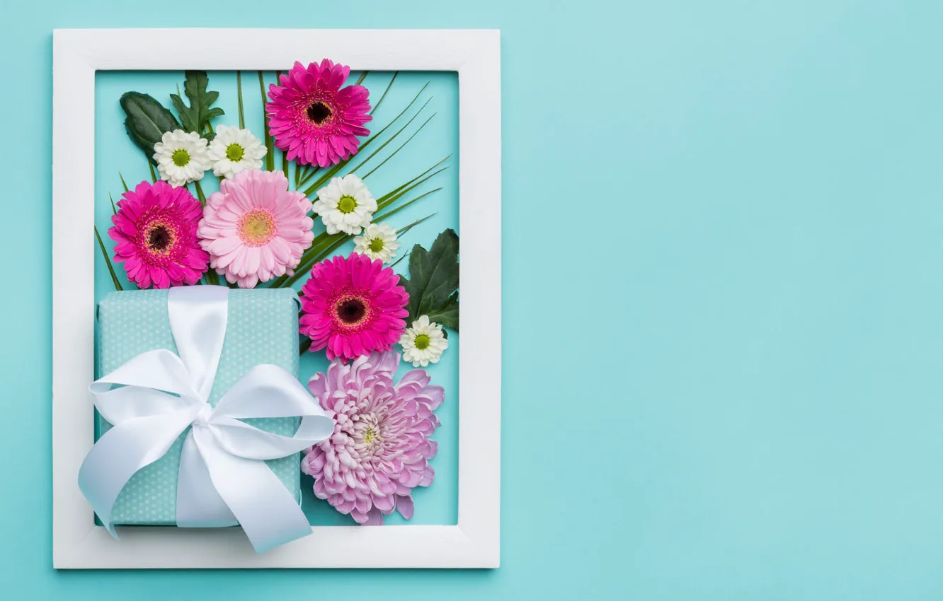 Photo wallpaper flowers, background, holiday, box, gift, blue, color, bouquet