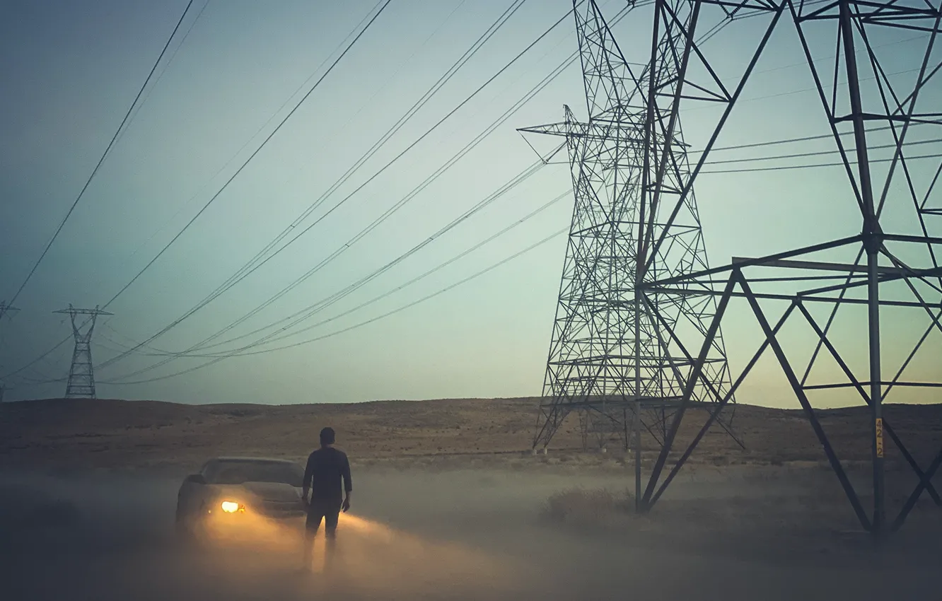 Photo wallpaper the steppe, man, car, power lines, THE CHASE