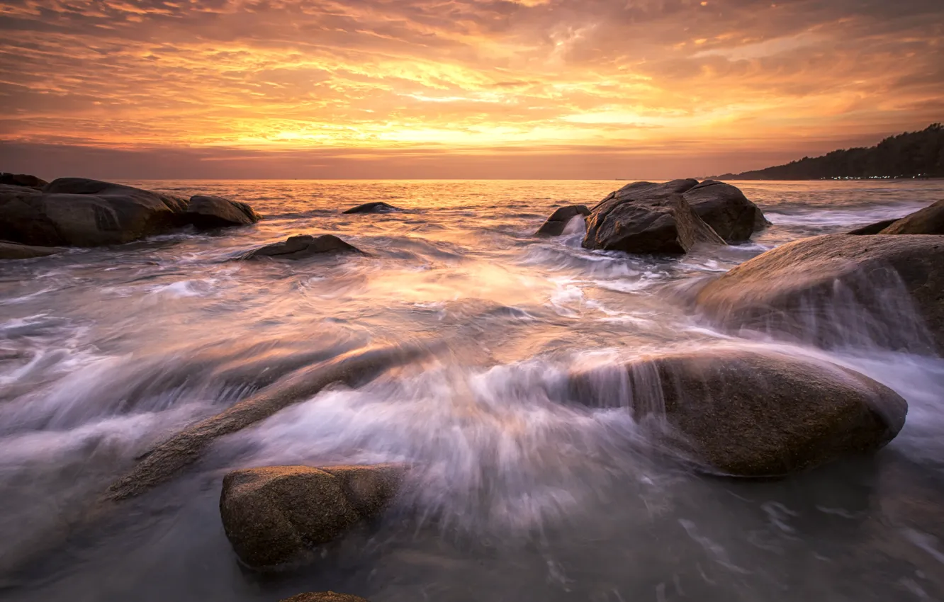 Photo wallpaper sea, wave, beach, summer, the sky, sunset, stones, rocks