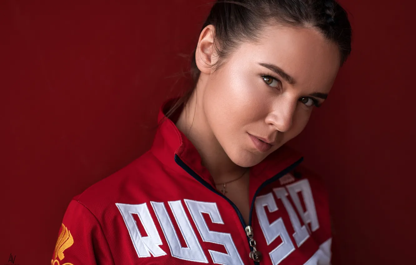 Photo wallpaper look, red, background, model, portrait, makeup, brunette, jacket