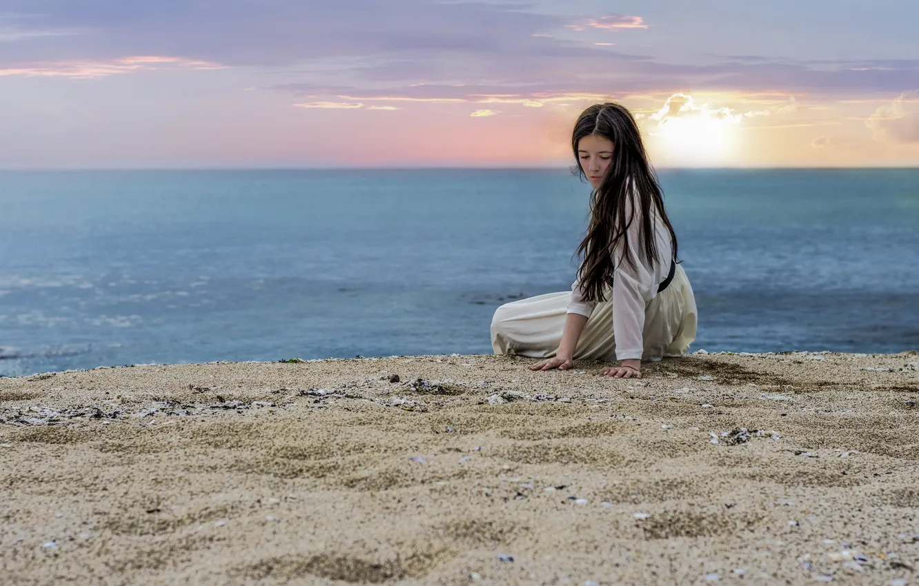 Photo wallpaper sea, girl, sunset